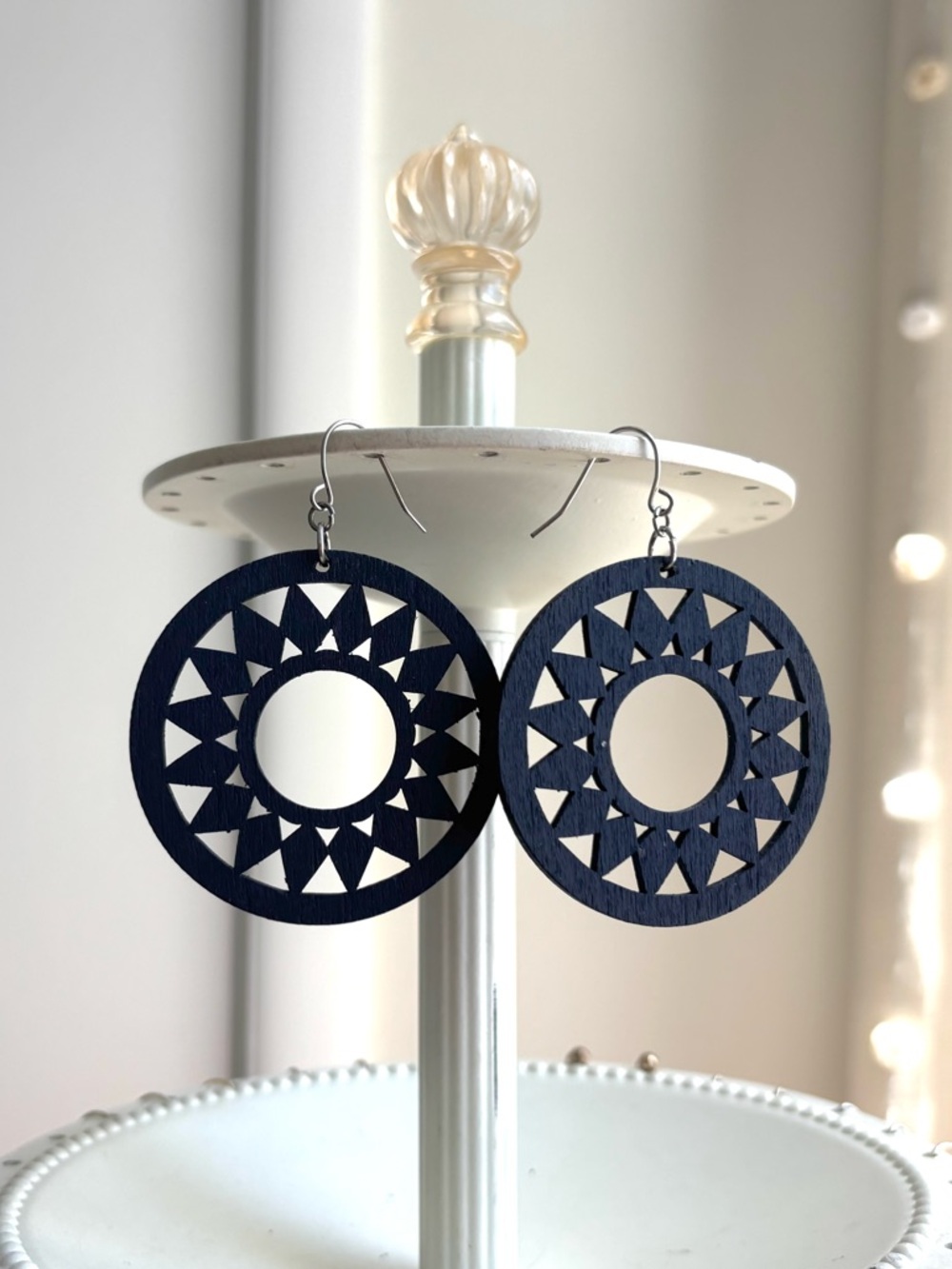 Navy Wood Geometric Cutout Oversized Circle Dangle Earrings